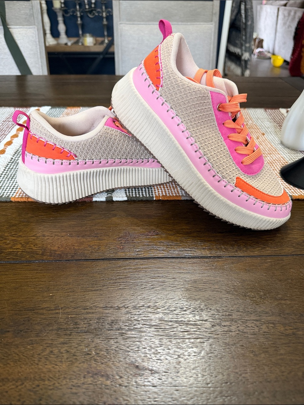 Nicole Miller Beige Knit Sneakers with Pink & Orange Accents